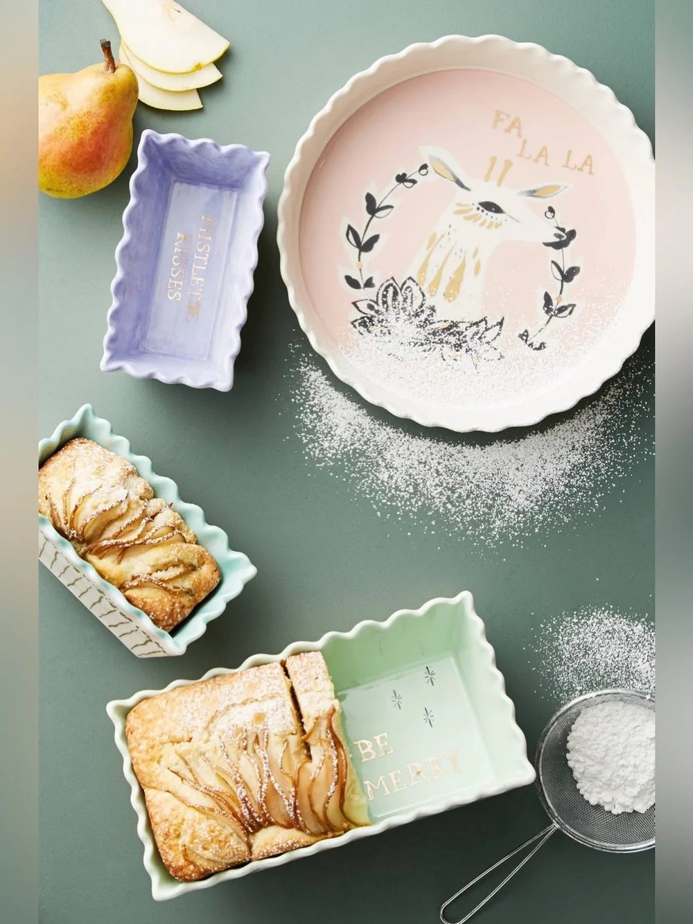 Anthropologie L’Hiver Christmas Stoneware Gold Embellished Mini Bread Loaf Pans